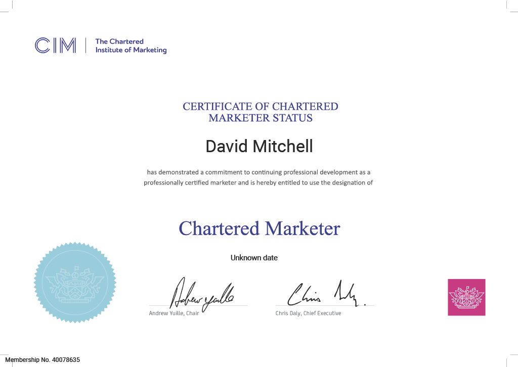 Evidence to show David Mitchell has achieved Chartered Marketer Status